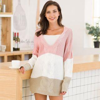 V Neck Color-block Cabit-knit Sweater