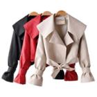 Flared-cuff Faux-leather Tie-front Jacket