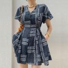 Tie-waist Patterned Playsuit Navy Blue - One Size