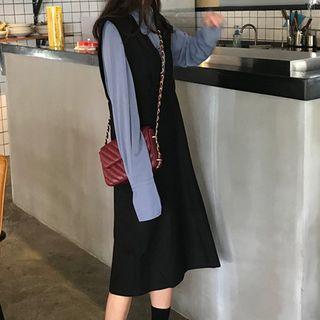 Plunge-neck Pinafore Dress Black - One Size