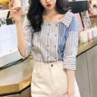 Elbow-sleeve Double Breasted Striped Shirt