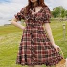 Plaid Short-sleeve Ruffle Trim Mini A-line Dress