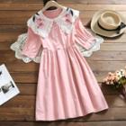 Rose Embroidered Elbow-sleeve A-line Dress Light Pink - One Size