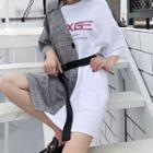 Set: Mock Two-piece Elbow-sleeve Plaid Panel T-shirt + Belt