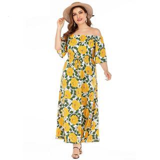 Flower Print Off-shoulder Elbow-sleeve Maxi A-line Dress