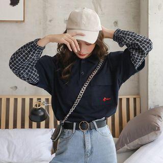 Polo Collar Bell-sleeve Panel Mock Two-piece Sweatshirt Dark Blue - One Size