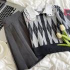 Short-sleeve Plaid Knit Top / High-waist Pleated Mini Skirt