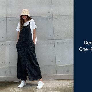 Strappy Denim Long Overall Dress Dark Blue - One Size