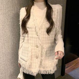 Fringed Plaid Button-up Sweater Vest