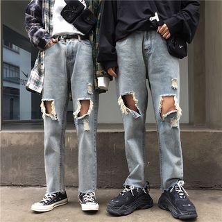Couple Matching Cut-out Washed Jeans
