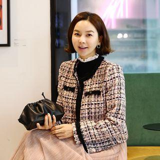 Open-front Piped Cropped Tweed Jacket