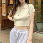 Short-sleeve Knit Cropped Polo Shirt White - One Size