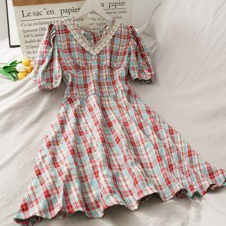 Lace-neckline Plaid A-line Dress
