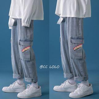 Rainbow Print Straight-cut Cargo Jeans