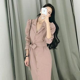 Peaked-lapel Puff-shoulder Shirtdress With Sash