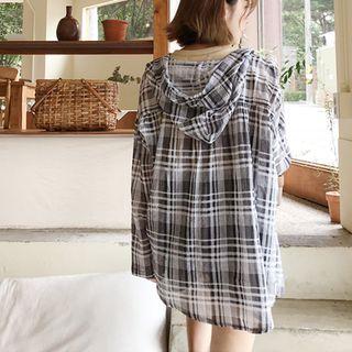 Hooded Checked Shirt Charcoal Gray - One Size