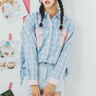 Color Block Plaid Long-sleeve Shirt