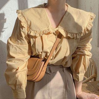 Long Sleeve Ruffle Trim Doll Collar Plain Blouse