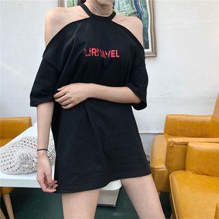 Elbow-sleeve Cutout Lettering Mini Dress