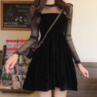 Long-sleeve Mesh T-shirt / Velvet Pinafore Dress