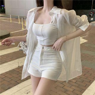 Dual-strap Camisole Top / Striped Loose-fit Light Shirt / Skinny Denim Shorts