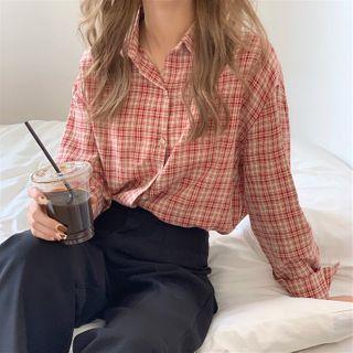 Long-sleeve Check Loose-fit Shirt As Figure - One Size