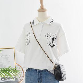 Short-sleeve Polo Collar Dog Print Top