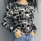 Crewneck Printed Plaid Long-sleeve Top As Shown In Figure - One Size
