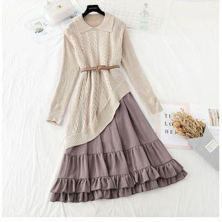 Set: Collared Cable Knit Sweater + Midi A-line Skirt