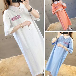 Lettering Collared Elbow-sleeve Midi T-shirt Dress