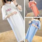 Lettering Collared Elbow-sleeve Midi T-shirt Dress
