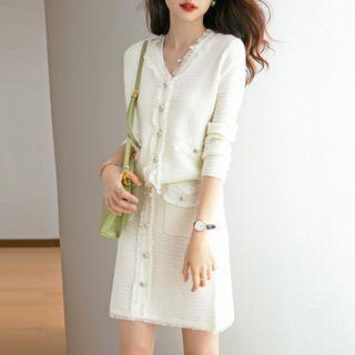 Set: Lace Trim Button-up Jacket + A-line Skirt
