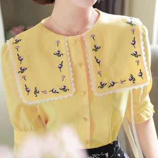 Laced Sailor-collar Floral-embroidered Blouse