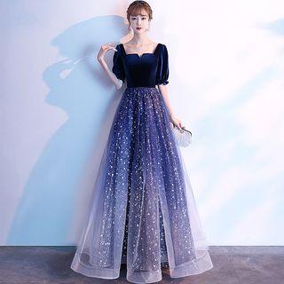Short-sleeve Star Print Mesh Overlay A-line Evening Gown
