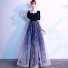 Short-sleeve Star Print Mesh Overlay A-line Evening Gown