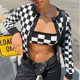 Set: Plaid Print Tube Top + Long-sleeve Light Cardigan