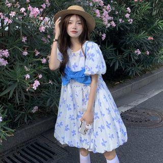 Bow Accent Camisole / Puff-sleeve Floral Loose Fit Dress
