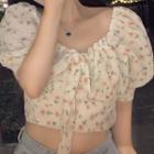 Puff-sleeve Floral Print Crop Blouse Pink Floral - White - One Size