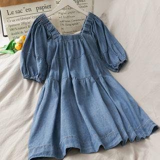 Wide-neck Denim Mini Dress