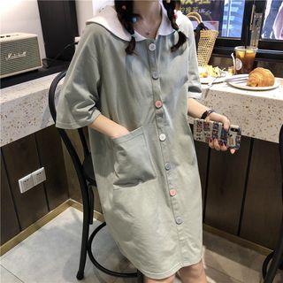 Two Tone Collar Short Sleeve Buttoned Dress