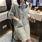 Two Tone Collar Short Sleeve Buttoned Dress