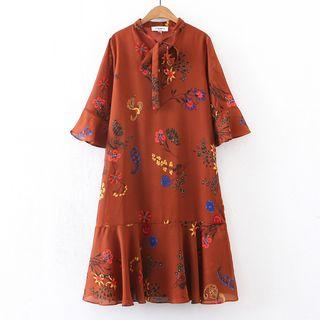 Printed 3/4 Sleeve Flounced A-line Dress