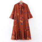 Printed 3/4 Sleeve Flounced A-line Dress