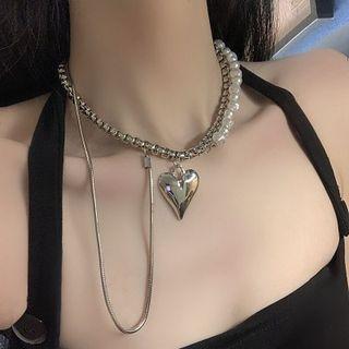 Heart Pendant Faux Pearl Alloy Choker Silver - One Size