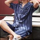 Loungewear Set : Short-sleeve Straight Striped Shirt & Shorts