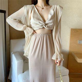 Long-sleeve Blouse / Twist Cropped Camisole Top / Midi Pencil Skirt