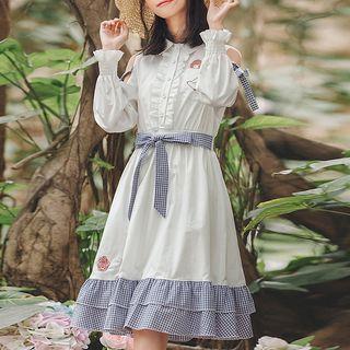 Cold-shoulder Embroidered Long-sleeve A-line Dress