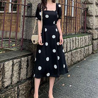 Dotted Square-neck Puff-sleeve Midi A-line Dress