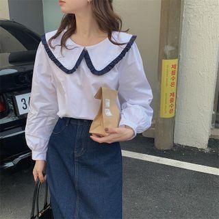Color Block Peter Pan Collar Long-sleeve Top White - One Size