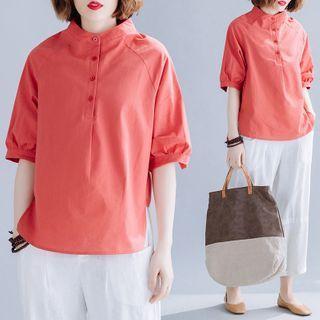 Plain Half-button Elbow-sleeve Blouse